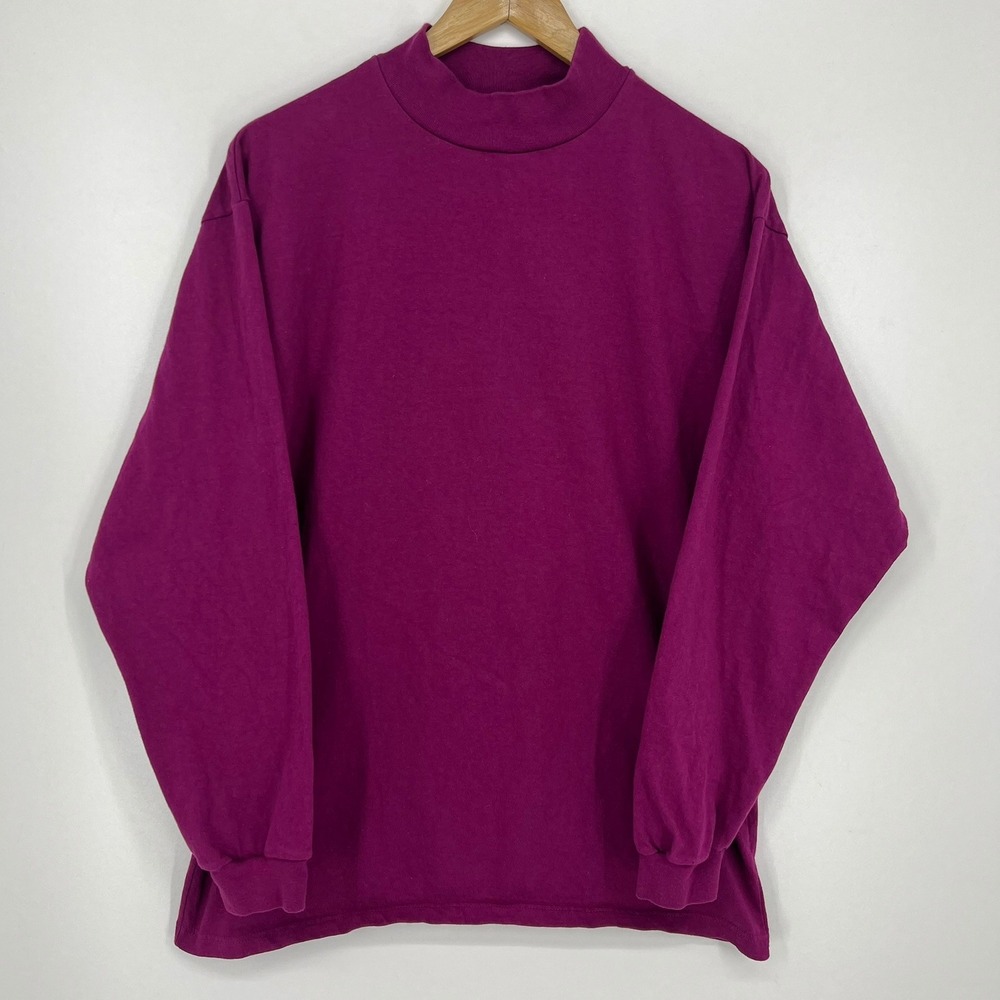 Vintage Hanes Activewear Mens Large Magenta‎ Purple Mock Neck Cotton Shirt USA